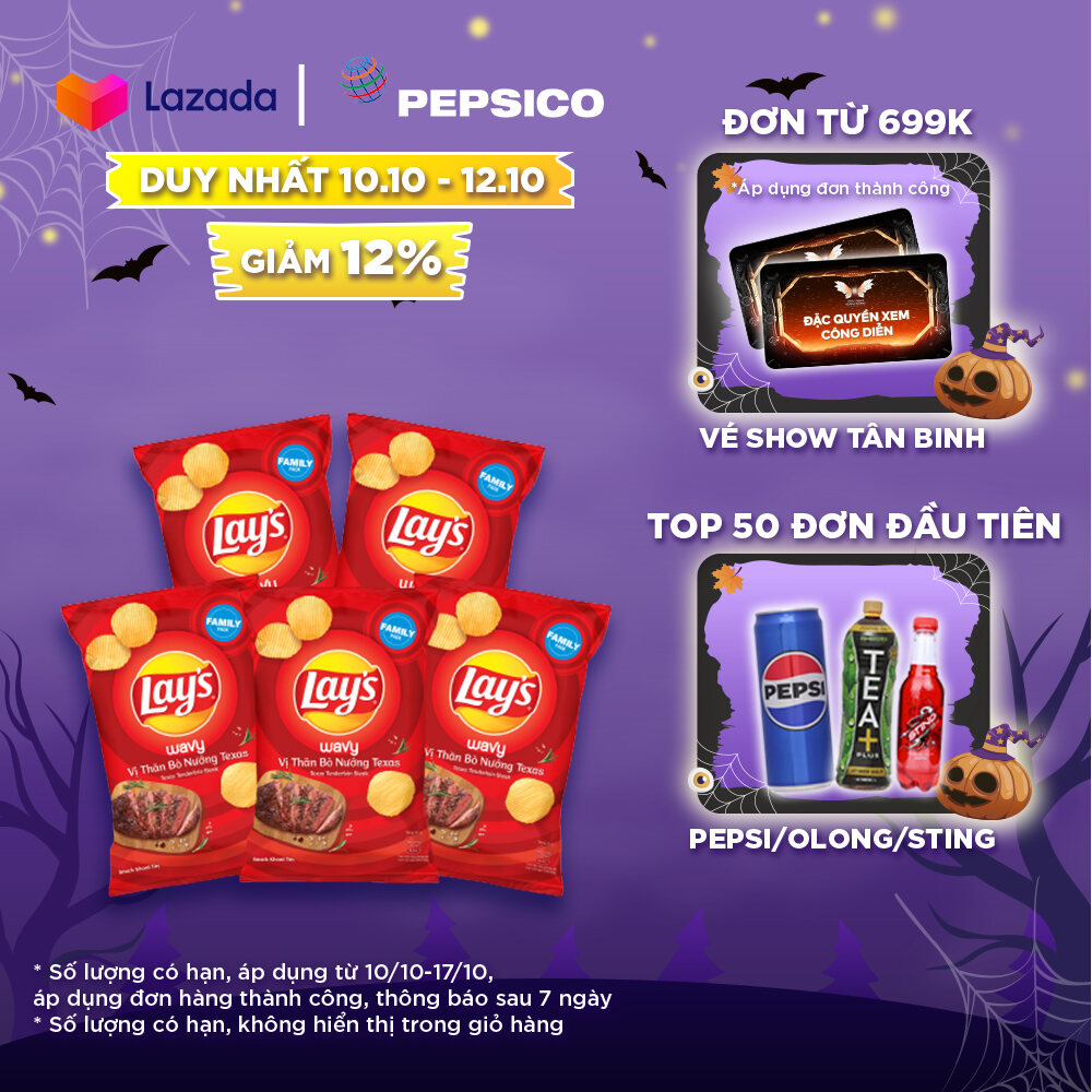  Combo 5 bánh Snack Khoai Tây Lay’s Wavy Vị Thăn Bò Nướng Texas 150gr