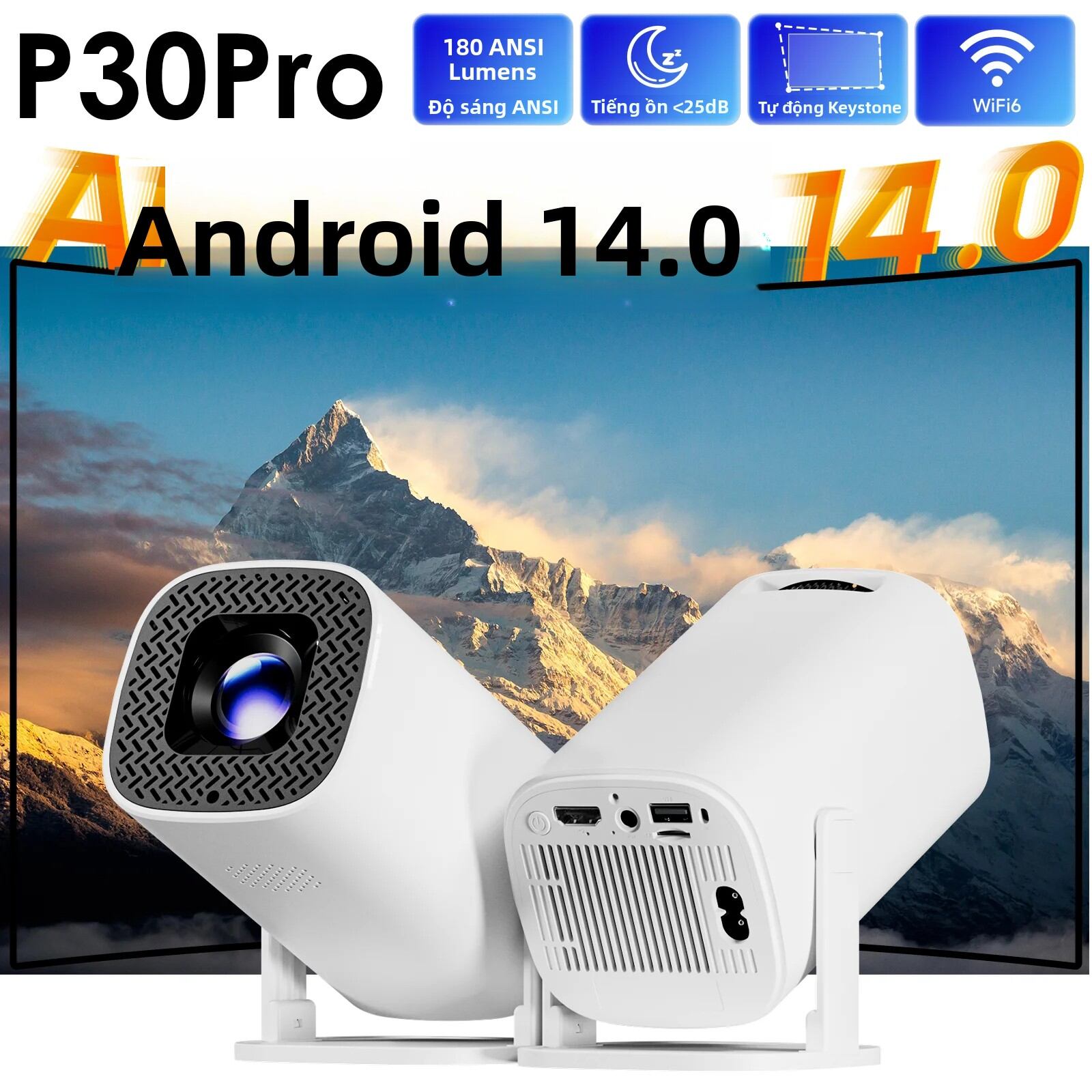 Máy Chiếu Mini Thông Minh P30PRO Android 14, Video 4K HD, WiFi 6, BT5.0, Độ Phân Giải Gốc 720p, Máy Chiếu Gia Đình Di Động Ngoài Trời Kèm Điều Khiển Từ Xa