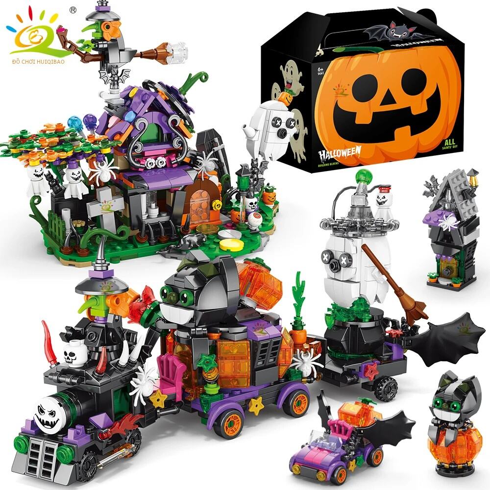 HUIQIBAO 6IN1 Halloween Mô Hình Xe Lửa Khối Xây Dựng Bộ Thành Phố Bí Ngô Ma Xe Mộc Gạch Cho Trẻ Em Quà Tặng Nhựa Nhỏ ABS Tương Thích Với Lego