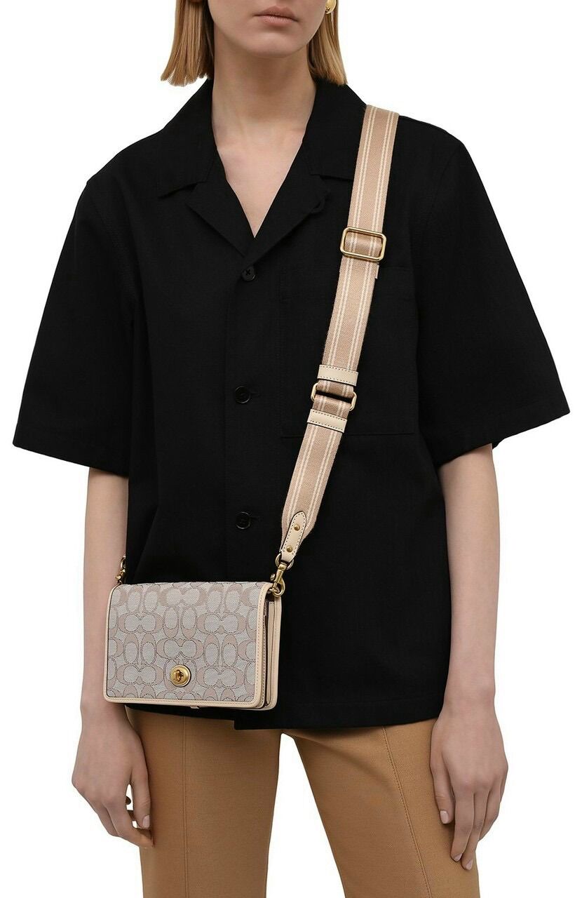 Túi đeo chéo nam nữ coach nắp lật khoá xoay jacquard phối da