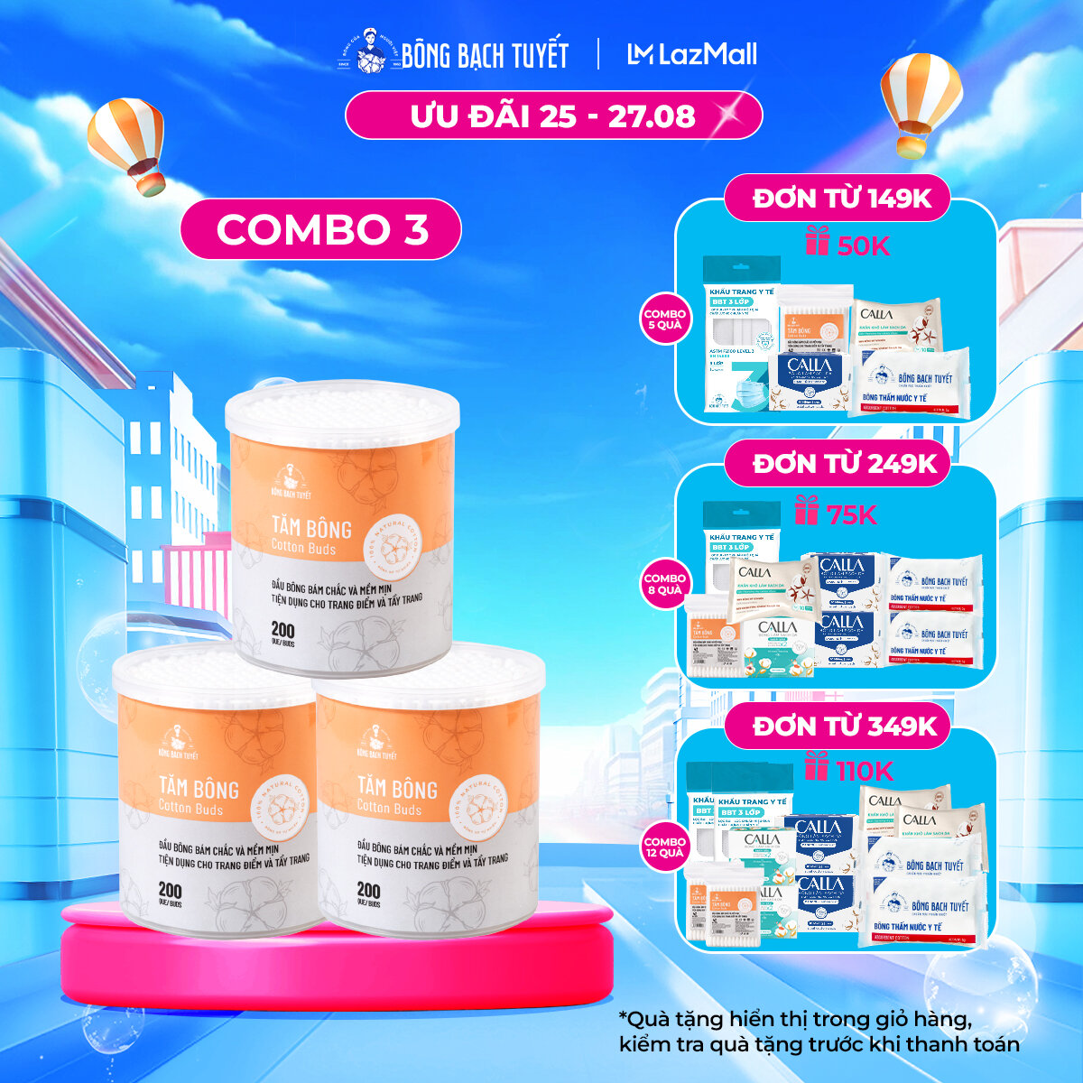 Combo 3 Hộp Tăm bông Bông Bạch Tuyết