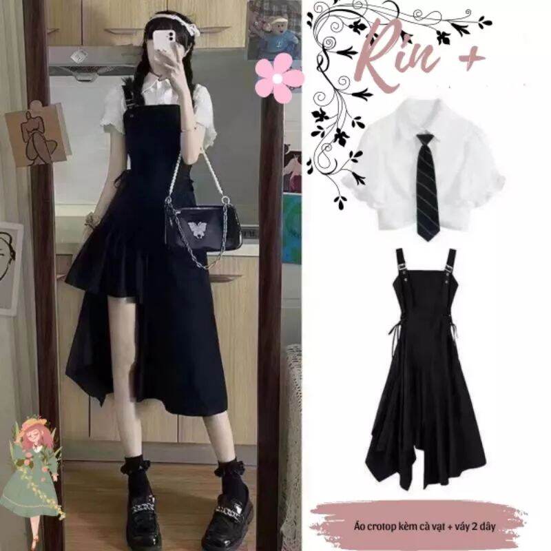 Set váy yếm kèm áo sơ mi crotop & cà vạt có bigsize