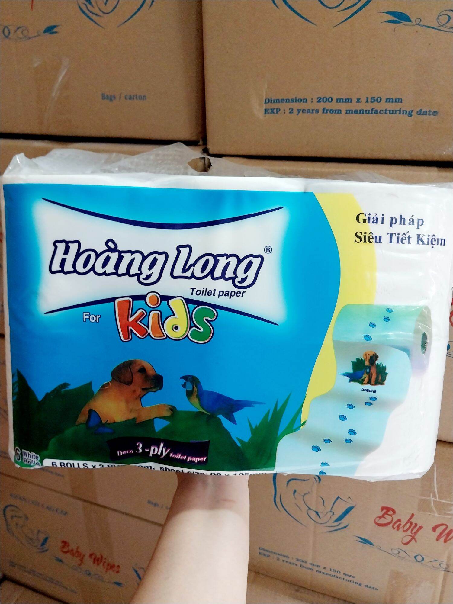 Lốc 6 cuộn giấy hoàng long kids 3 lớp không lõi.