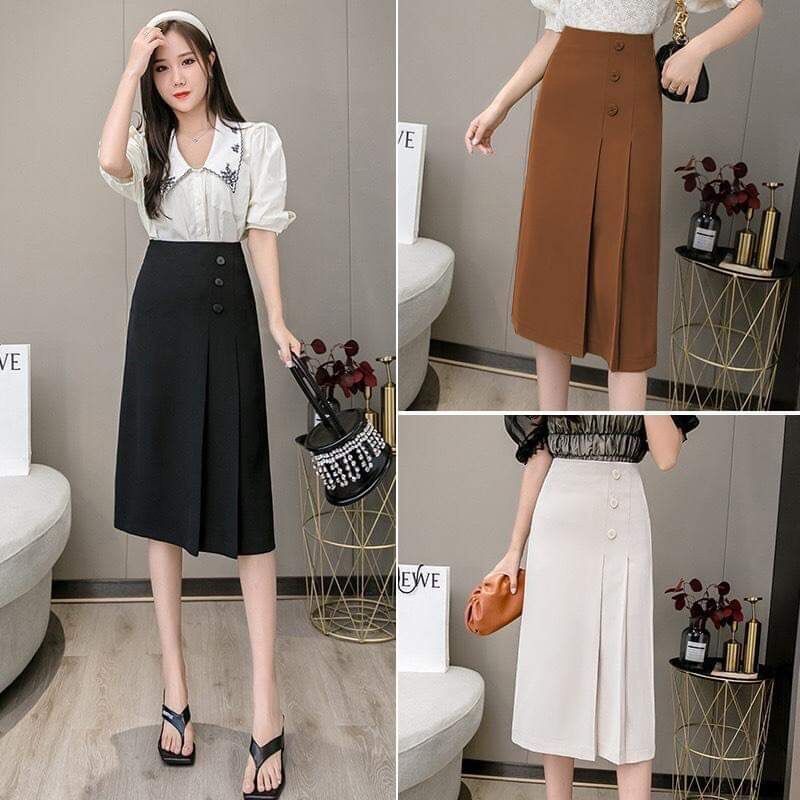 chân váy chữ a công sở dáng dài midi xếp ly phối 3 cúc chất tuyết mưa cao cấp 704