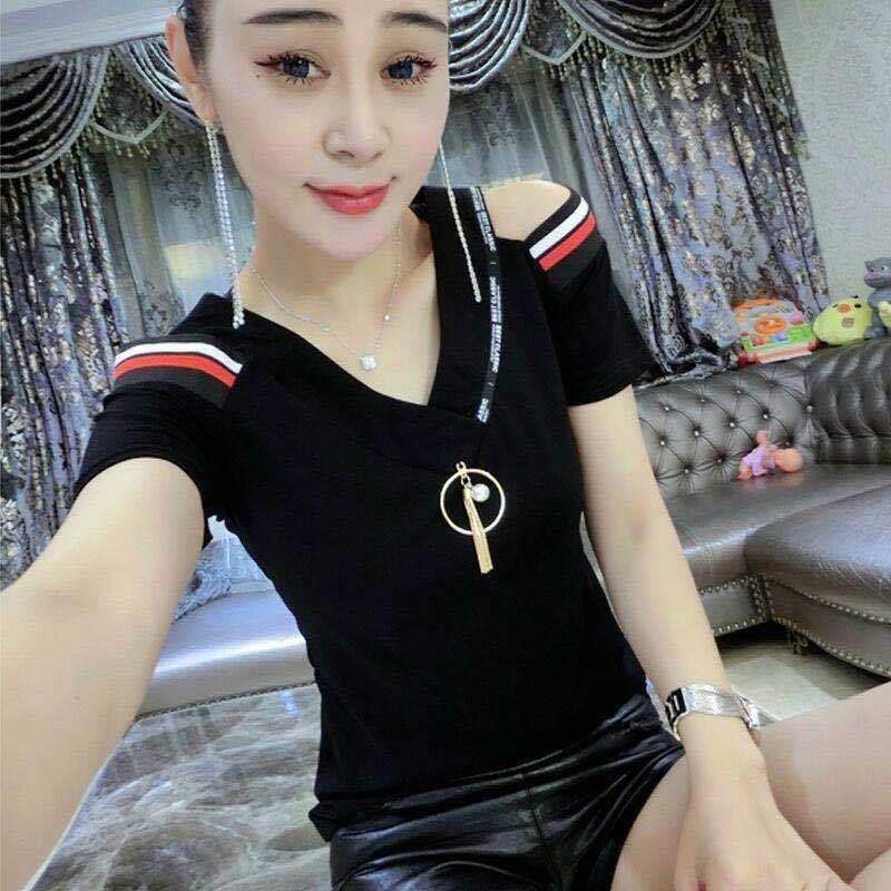 Áo Thun Ngắn Tay Cotton Màu Trơn Áo Hở Vai Cổ Chữ V Dễ Phối Tôn Dáng Phong Cách Hàn Quốc Sành Điệu Instagram Thời Trang Mẫu Mới Mùa Hè Cho Nữ Sành Điệu