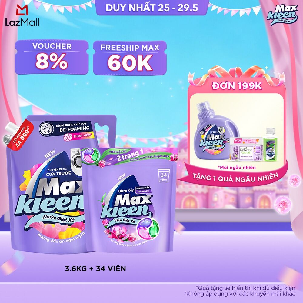 Combo Nước giặt xả cho máy giặt cửa trước hương Dấu Ấn Ngọt Ngào 3.6kg + Túi viên MaxKleen hương Huyền Diệu (34 viên/ túi)
