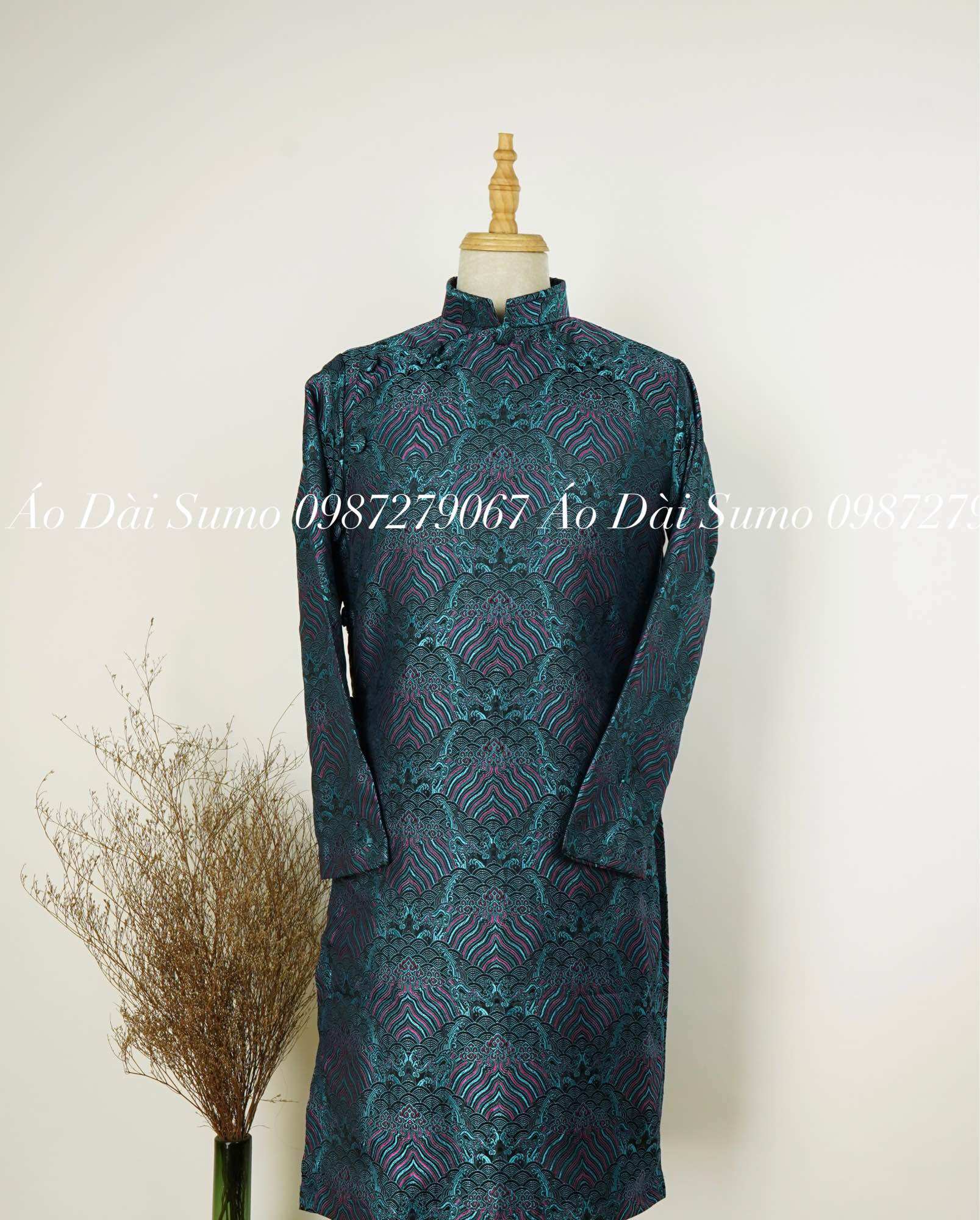 Áo dài cách tân nam gấm xanh
