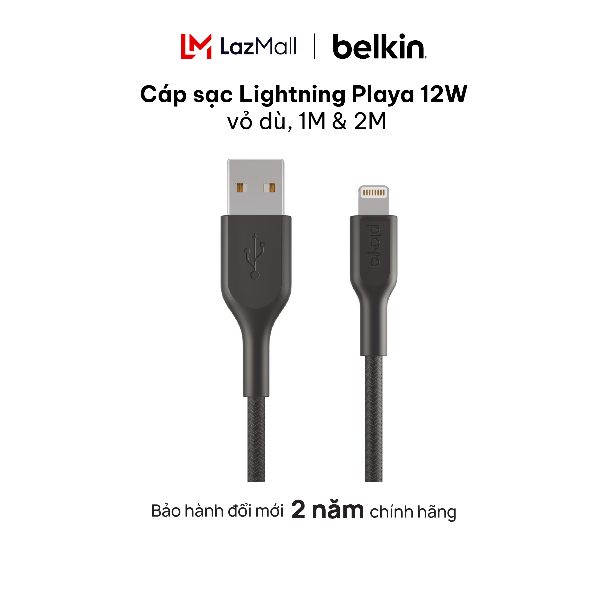 Cáp sạc Lightning Belkin Playa vỏ dù, 1m & 2m sạc nhanh, hàng chính hãng - bảo hành 2 năm đổi mới