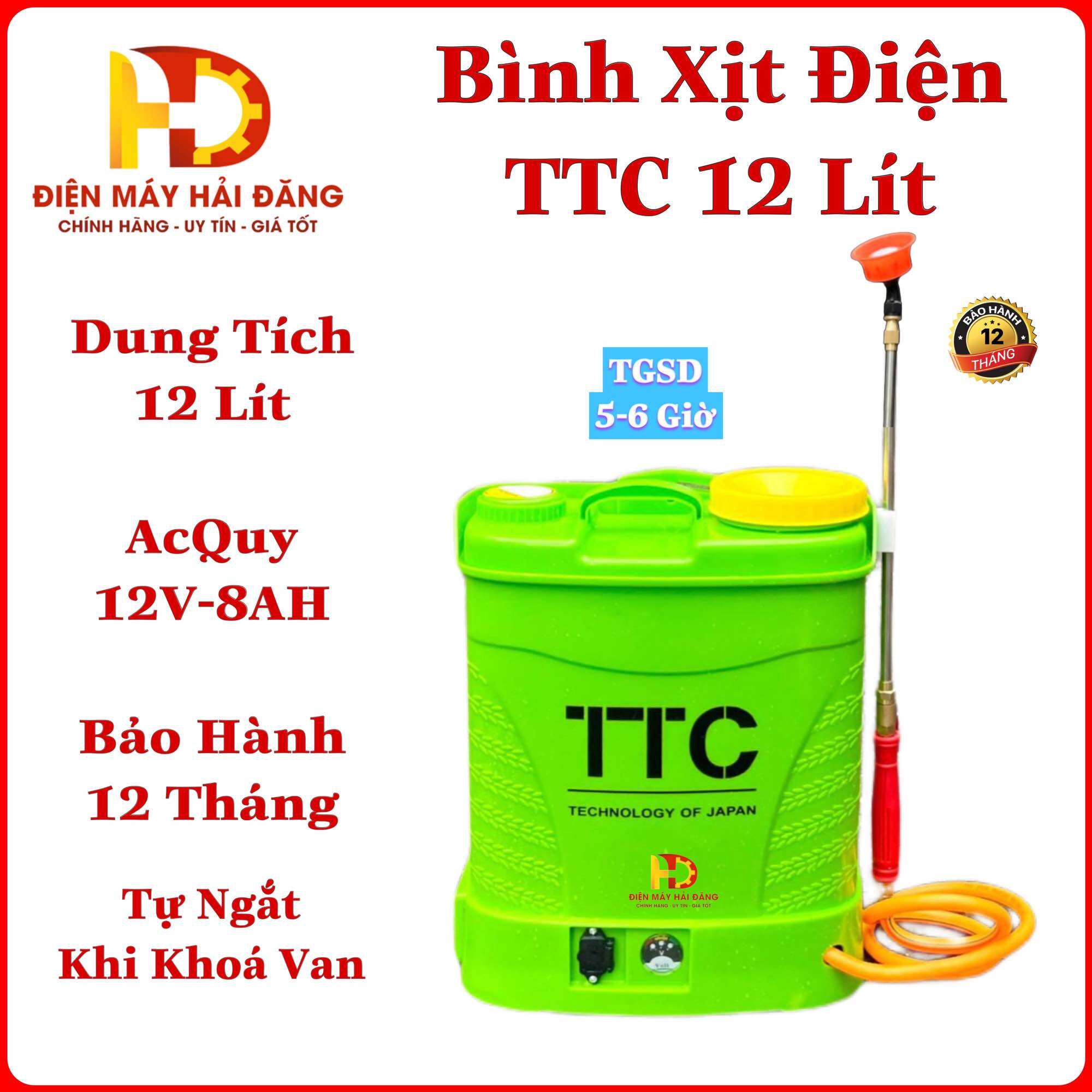 Bình xịt điện.Phun trừ sâu bằng điện 12 lít.Hiệu TTC .Ắc quy 12V -8AH