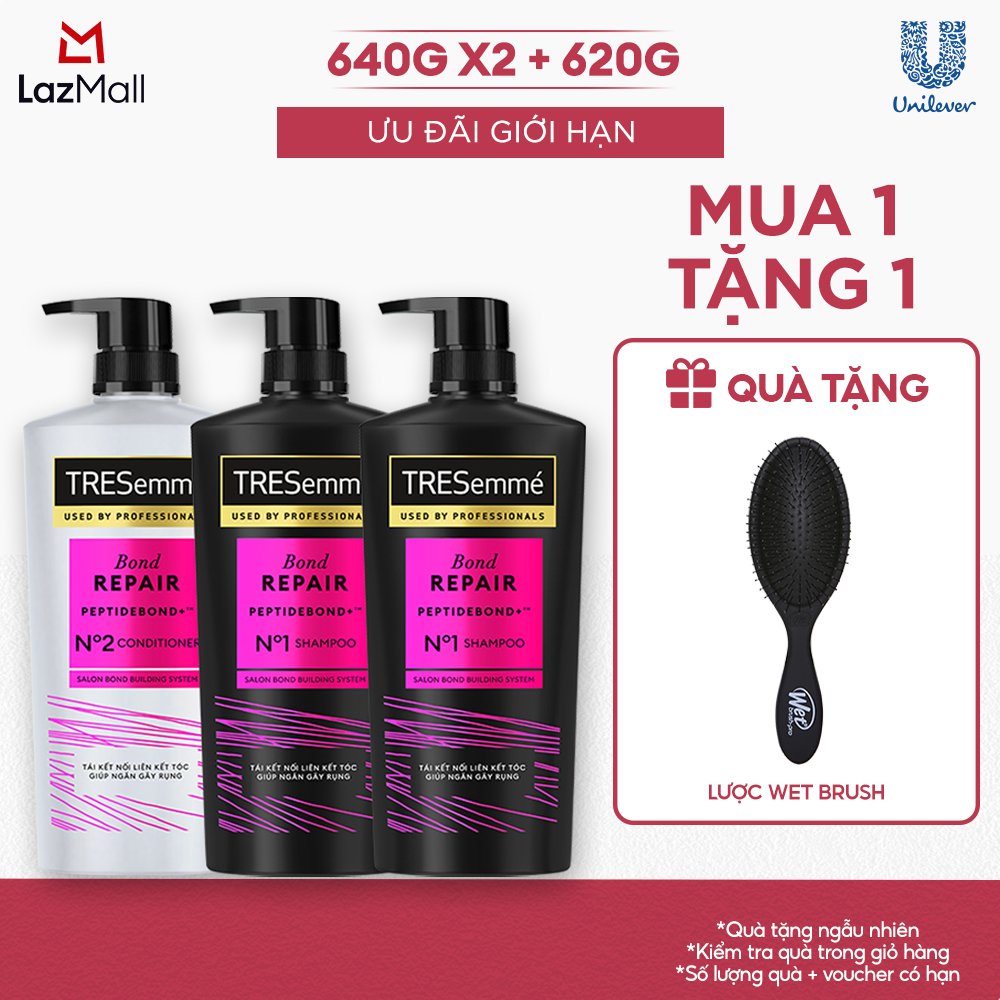 Combo 2 Dầu Gội Và 1 Dầu Xả TRESemmé Bond Repair Peptidebond+ Giúp Ngăn Gãy Rụng (640g X 2 Và 620g)