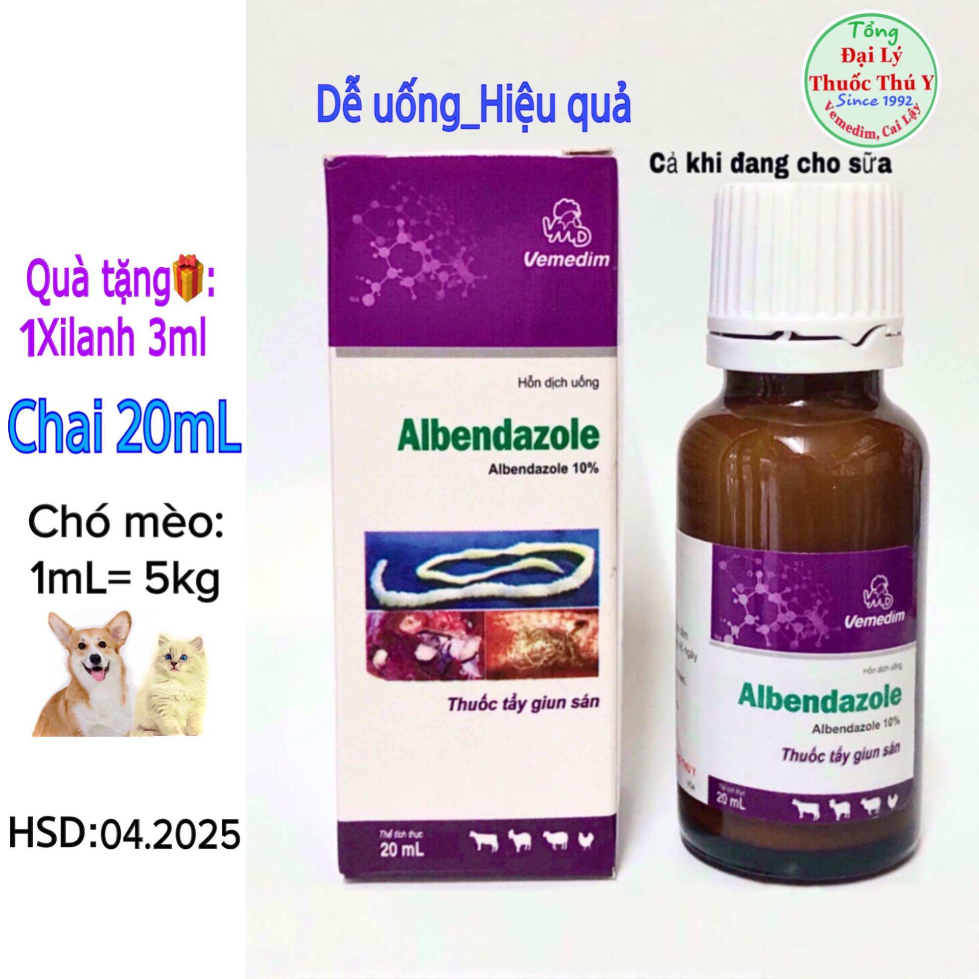 Albendazole 20ml uống tẩy giun sán cho chó mèo, gia suc gia cầm