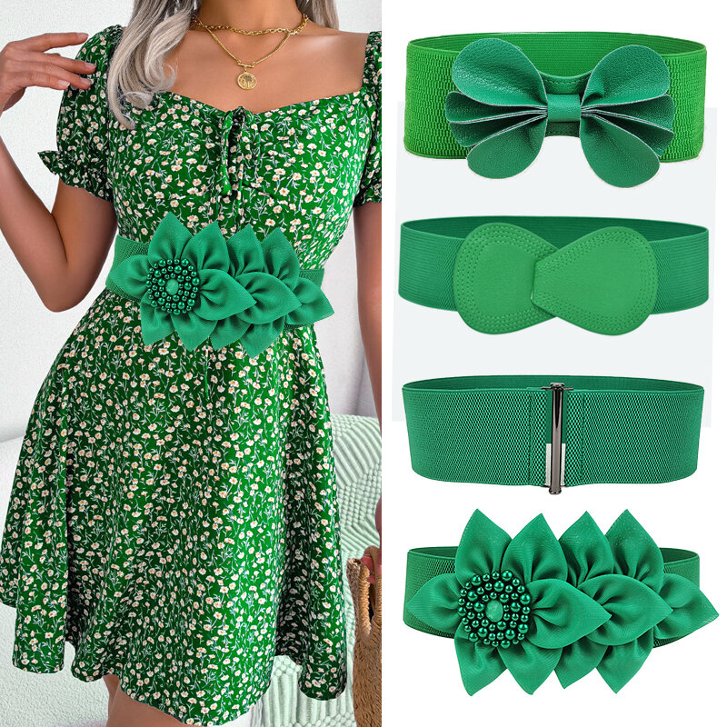 Váy liền phối trang trí màu xanh hoa quả thắt lưng bản to cho nữ thắt lưng bản to phong cách hàn quốc dễ phối thời trang đai eo thắt co giãn đơn giản