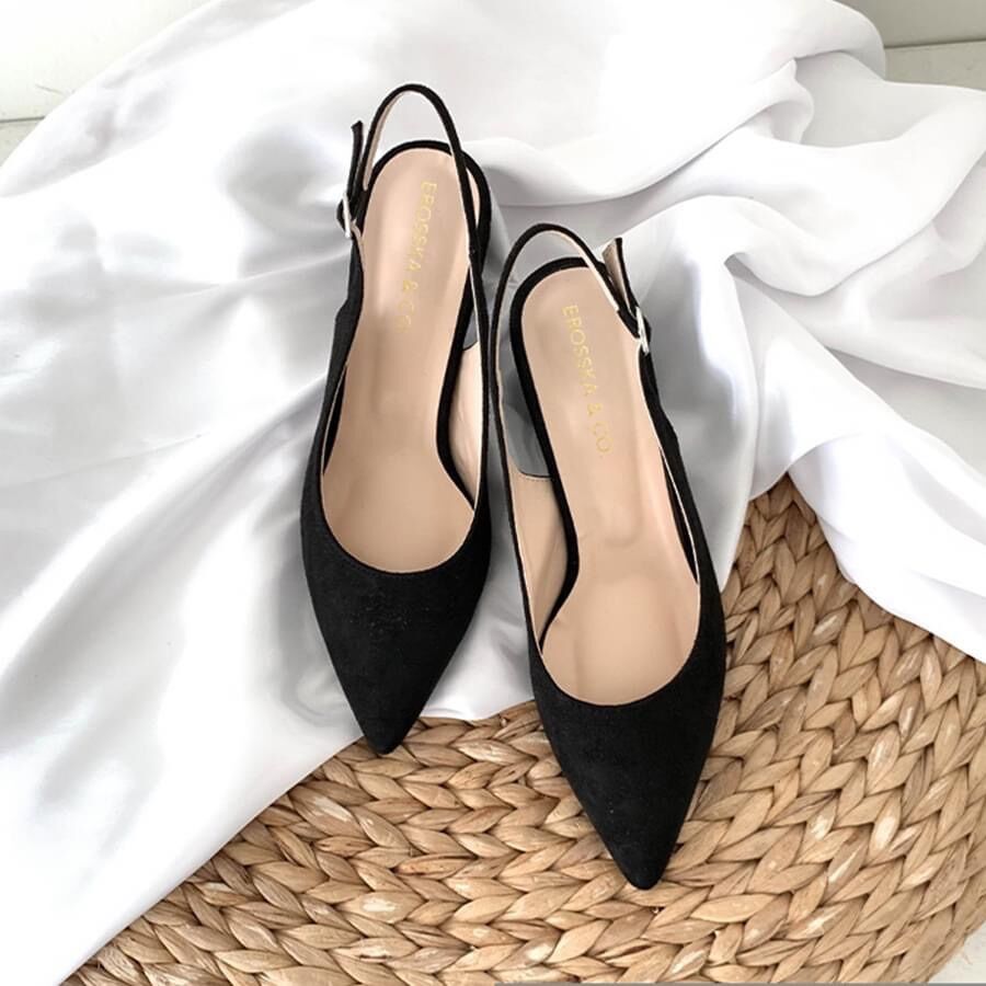 Giày sandal 5 phân mũi nhọn gót vuông Annmodels chất xi lộn _A026XL