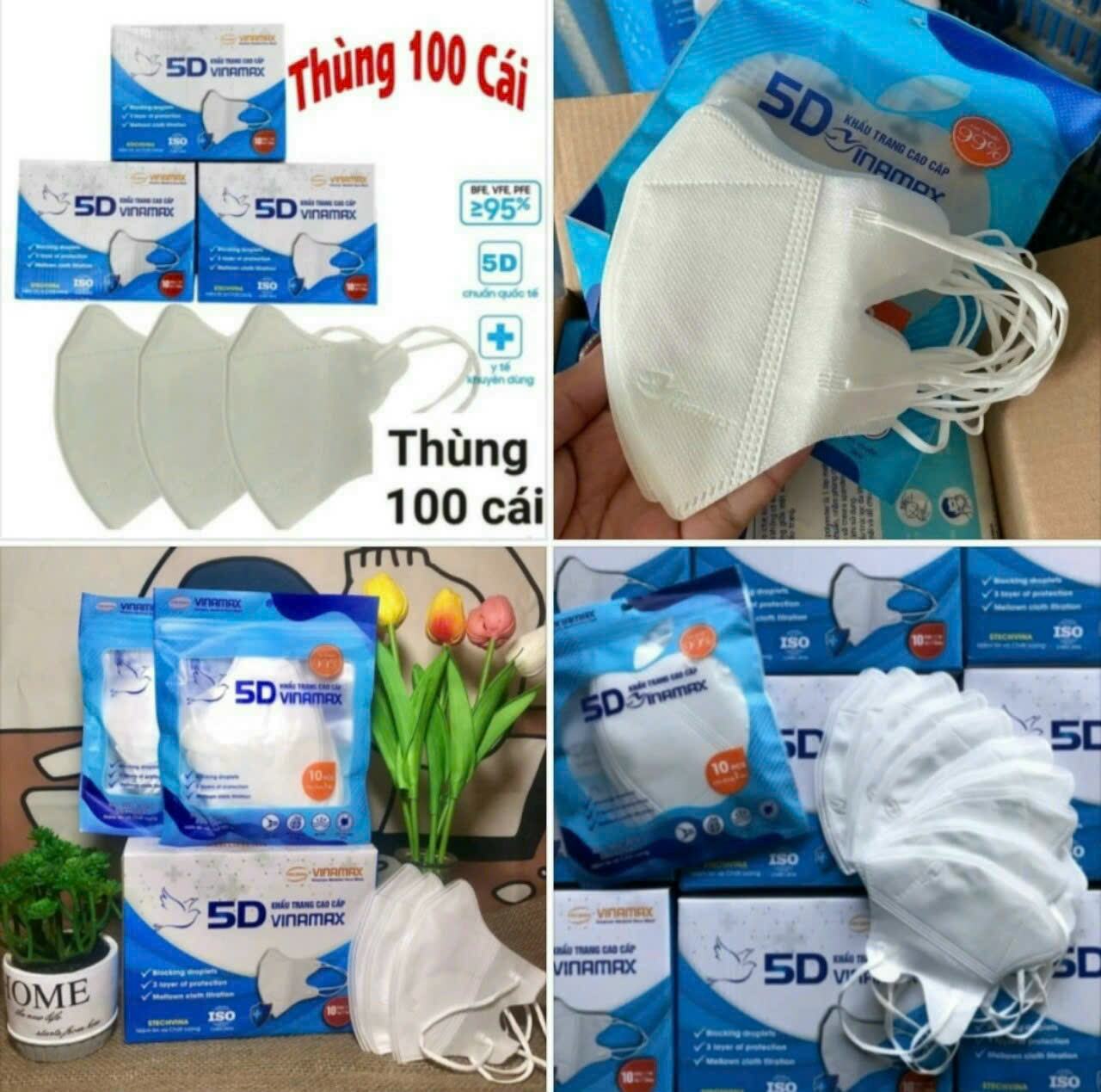 Khẩu trang 5d VINAMAX kháng khuẩn cao cấp thùng 100 cái màu trắng