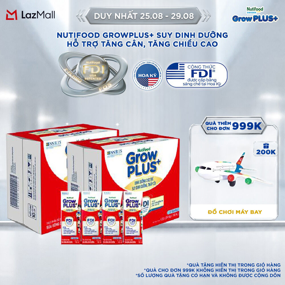 Thùng Sữa Nước Pha Sẵn Nutifood GrowPLUS+ Ít Đường suy dinh dưỡng - Hỗ trợ tăng cân, tăng chiều cao - Trên 1 tuổi (48 Hộp x 180ml) (Bao bì tùy đợt nhập hàng)