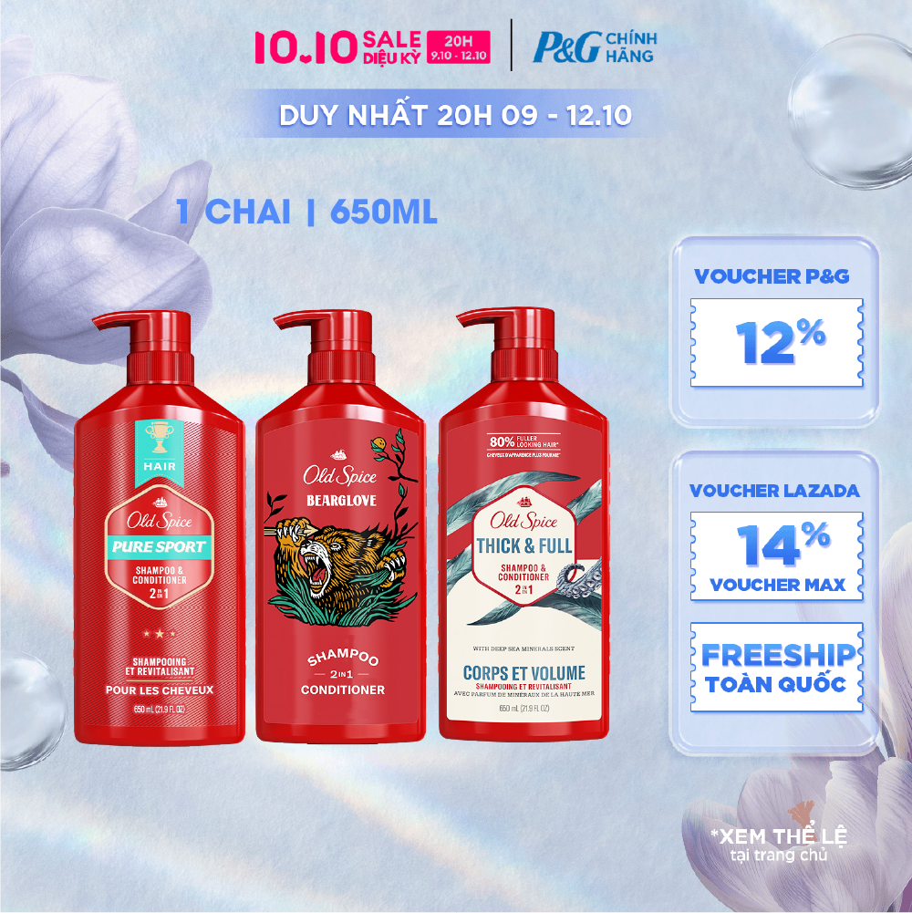 [Voucher 12%] Dầu Gội Xả OLD SPICE Nhập Khẩu Mỹ 2IN1 Hương Nước Hoa Cho Nam Thick & Full/ Pure Sport/ Bearglove Chai 650ML