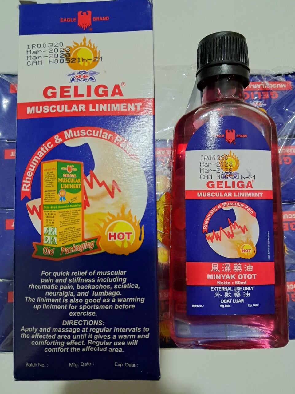 Dầu nóng Geliga Muscular liniment 60ml Minyak Otot - Dầu cù là lửa dạng nước Geliga