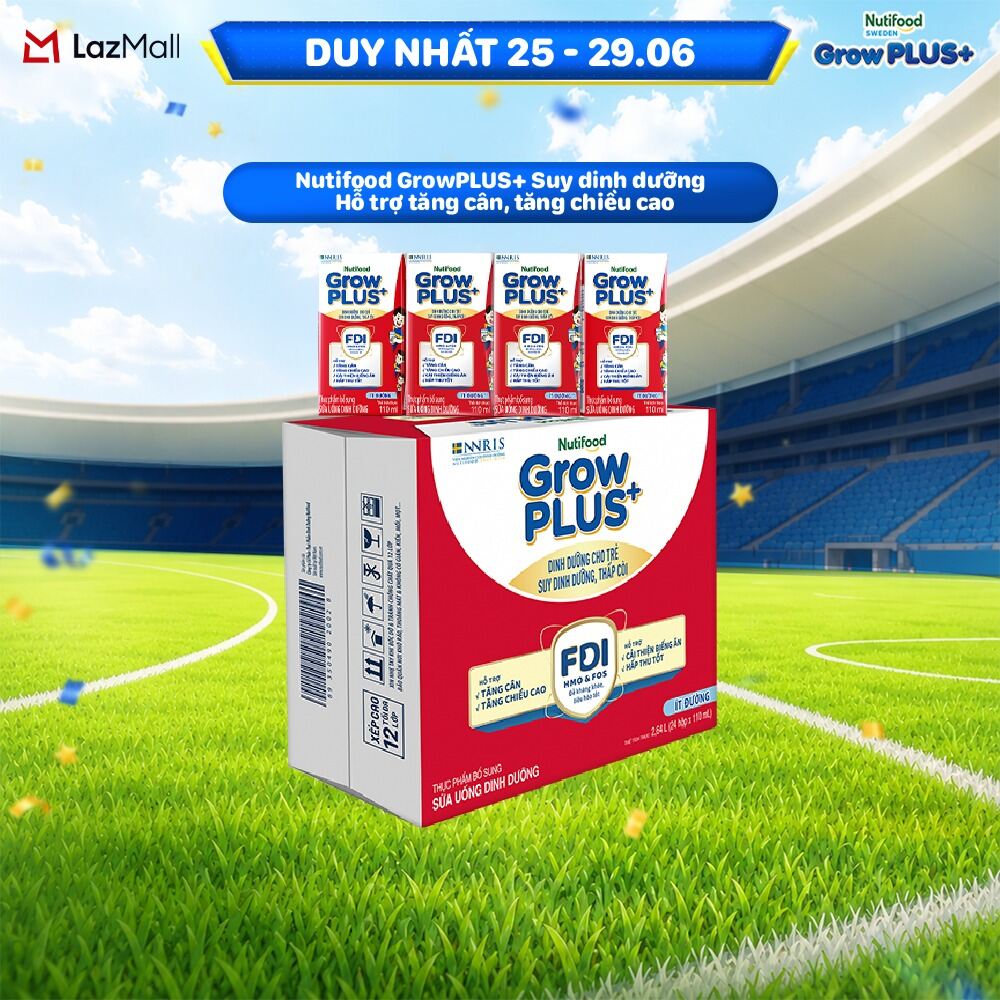 Thùng 24 hộp Sữa Nước Pha Sẵn Nutifood GrowPLUS+ Suy Dinh Dưỡng (Đỏ) - Hỗ Trợ Tăng Cân, Tăng Chiều Cao Ít đường 110ml - Trên 1 tuổi (Bao bì tùy đợt nhập hàng)