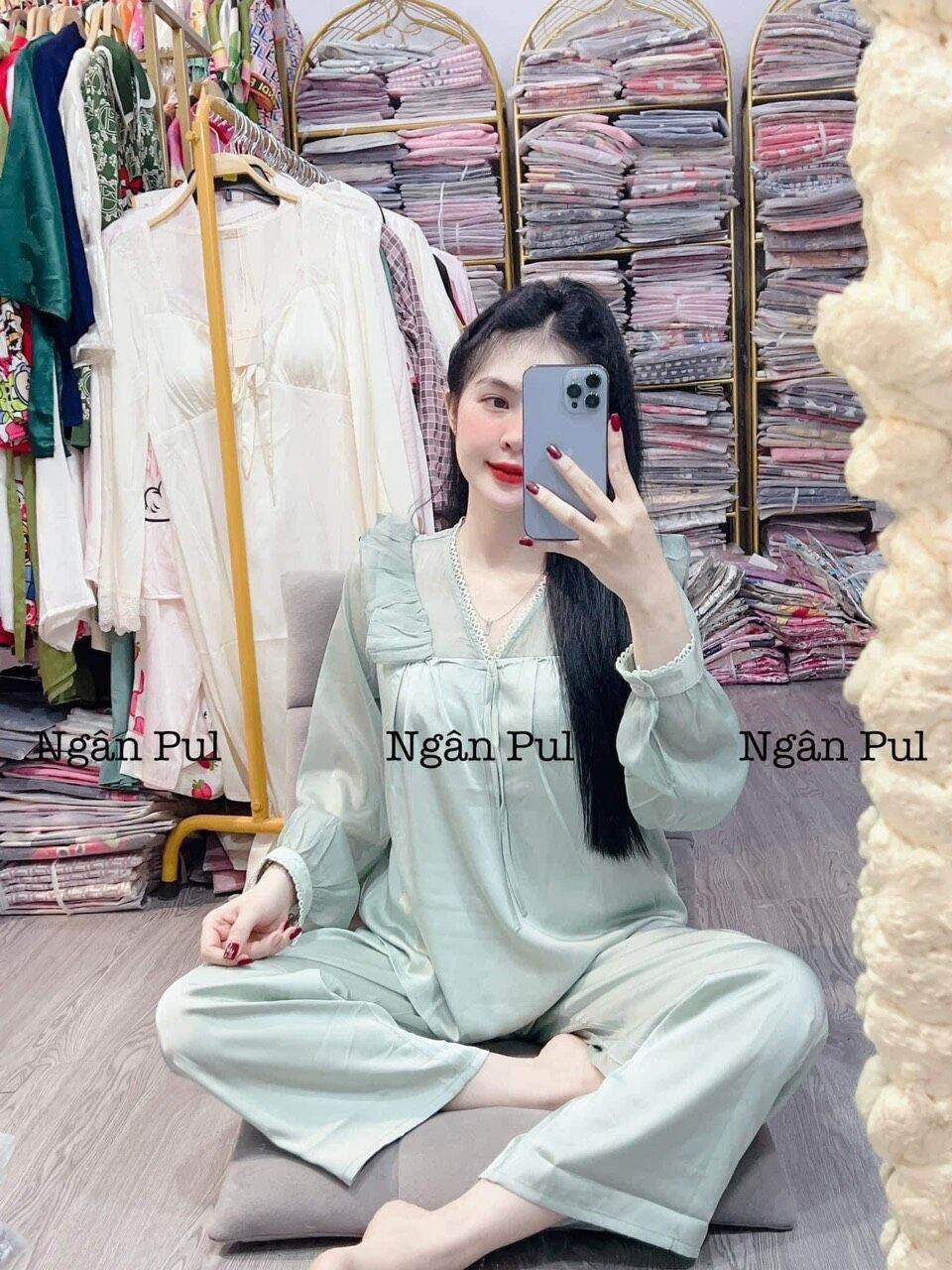 Bộ pijama lụa xước tiểu thư phối ren von tay dài anh tơ cao cấp phom 40-62kg mặc đẹp - helen bralette