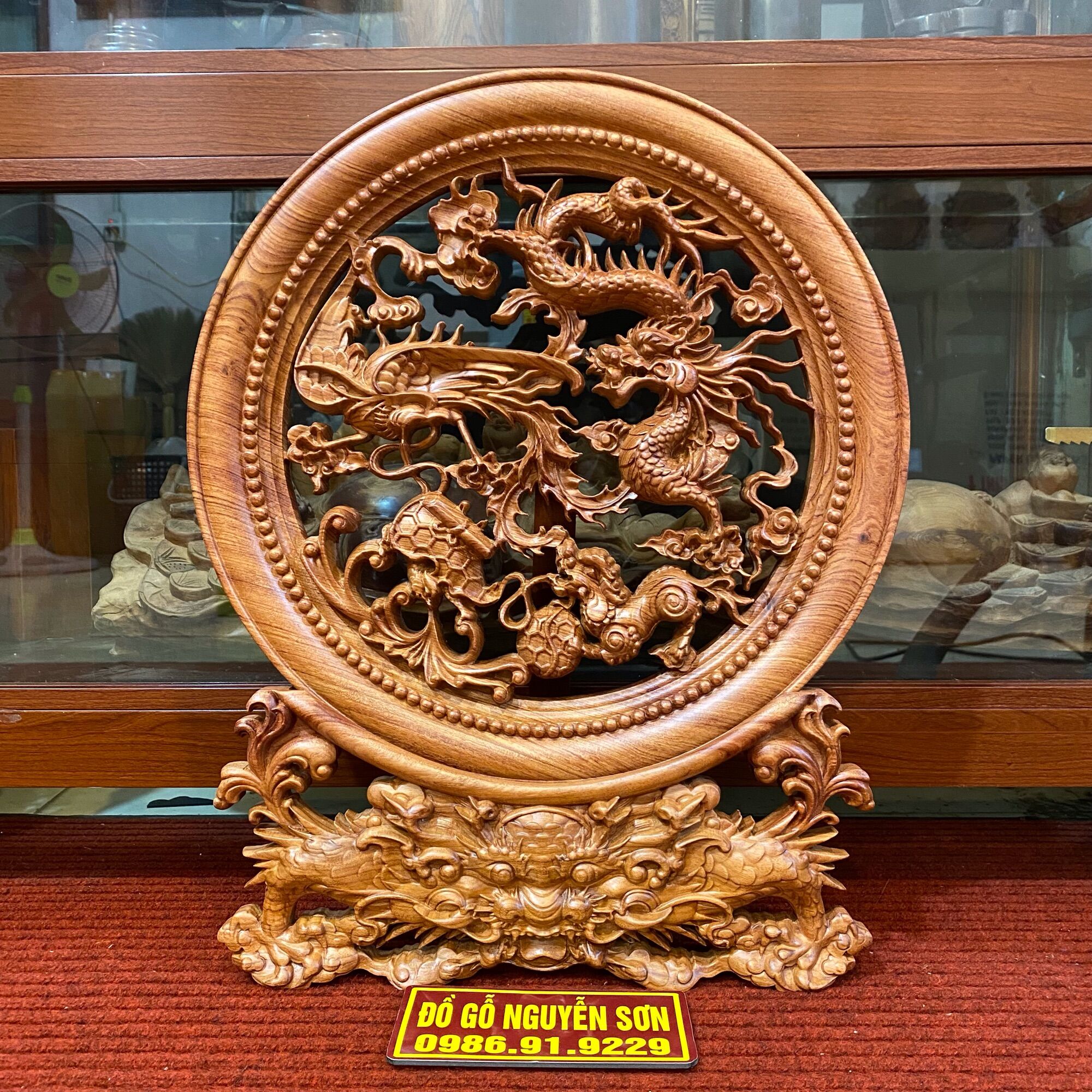 Đĩa Gỗ Phong Thuỷ Tứ Linh Đục Lọng Thủng Hương Đá liền Khối đk 40cm