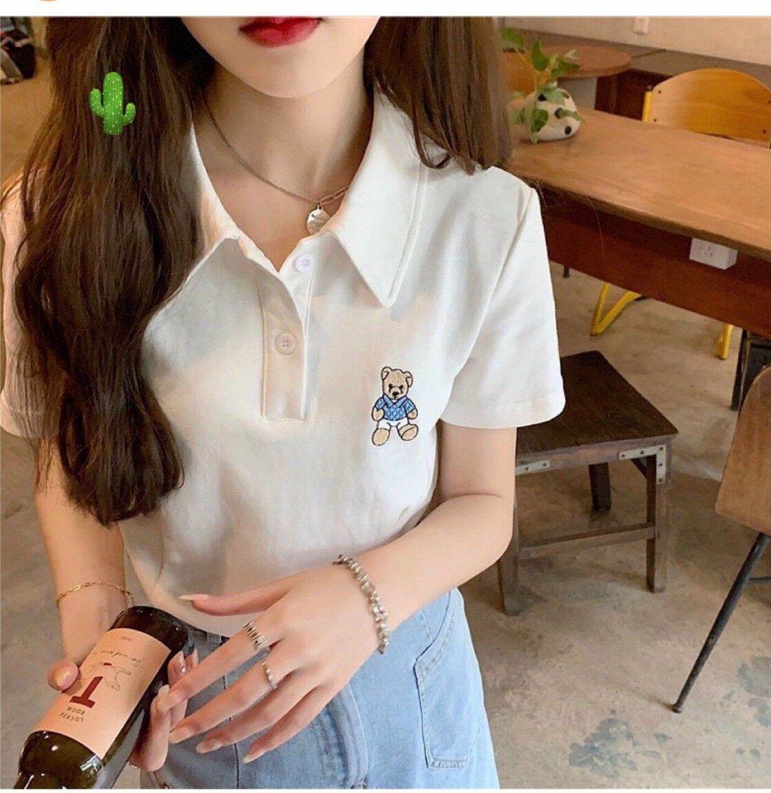 ÁO THUN NỮ ÁO THUN CỔ SƠ MI THÊU HÌNH GẤU ÁO THUN POLO ÁO THUN CROPTOP FORM 45KG