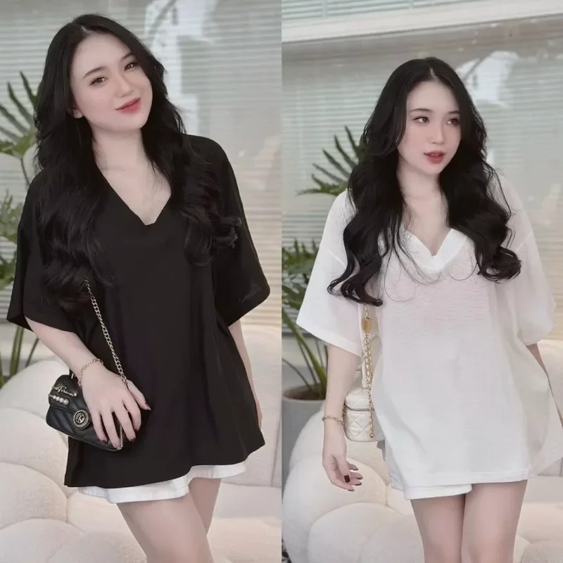 ÁO THUN TRƠN CỔ TIM FROM RỘNG ĐEN TRẮNG