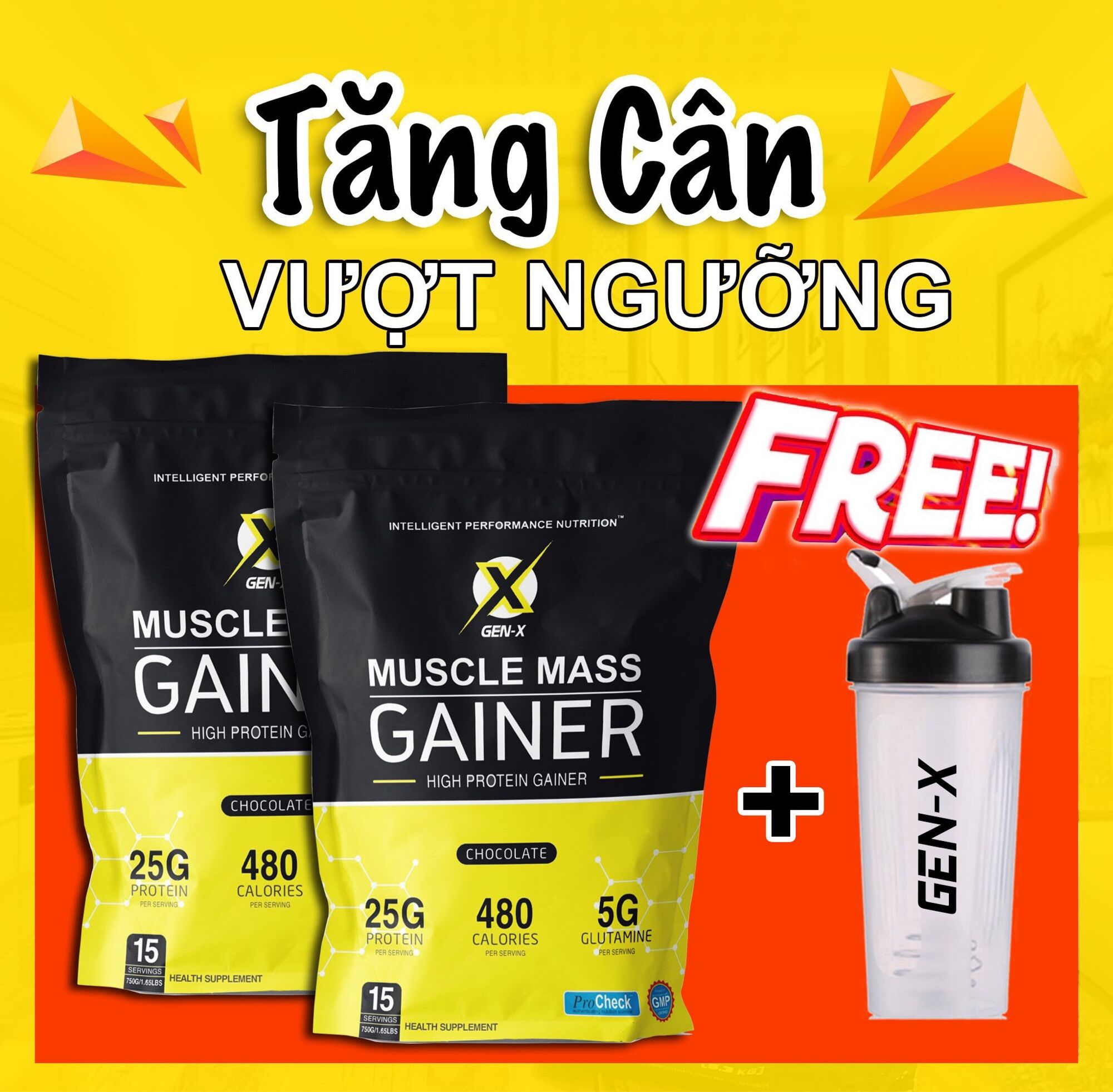 Combo 2 túi sữa tăng cân muscle mass gainer 750 gram tặng bình shaker