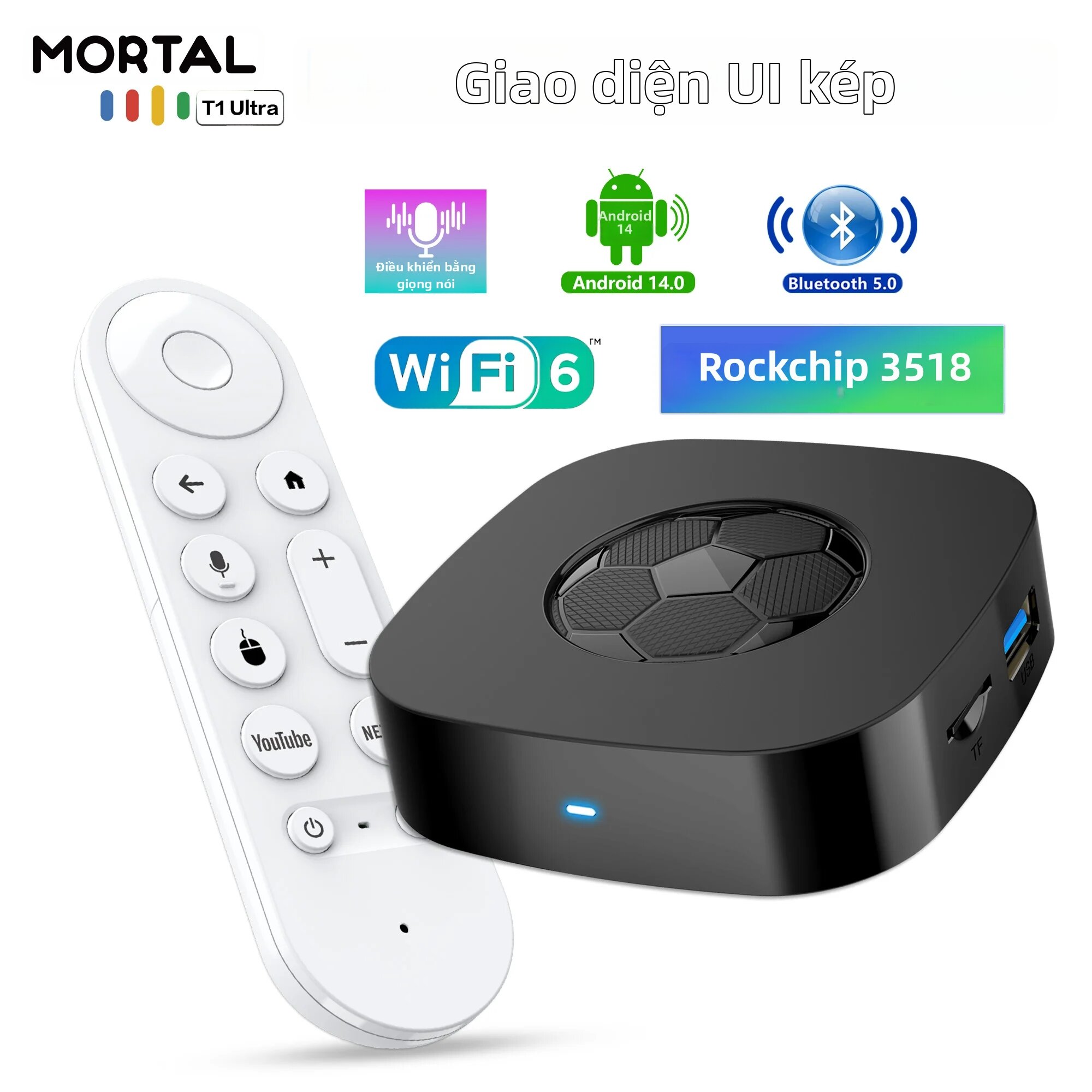 Hộp Giải Mã Truyền Hình Thông Minh MORTAL T1 Ultra Android 14.0, Giao Diện Kép, WiFi 6, Hỗ Trợ Google, Bluetooth 5.0, Điều Khiển Bằng Giọng Nói, RAM 2GB, eMMC 16GB