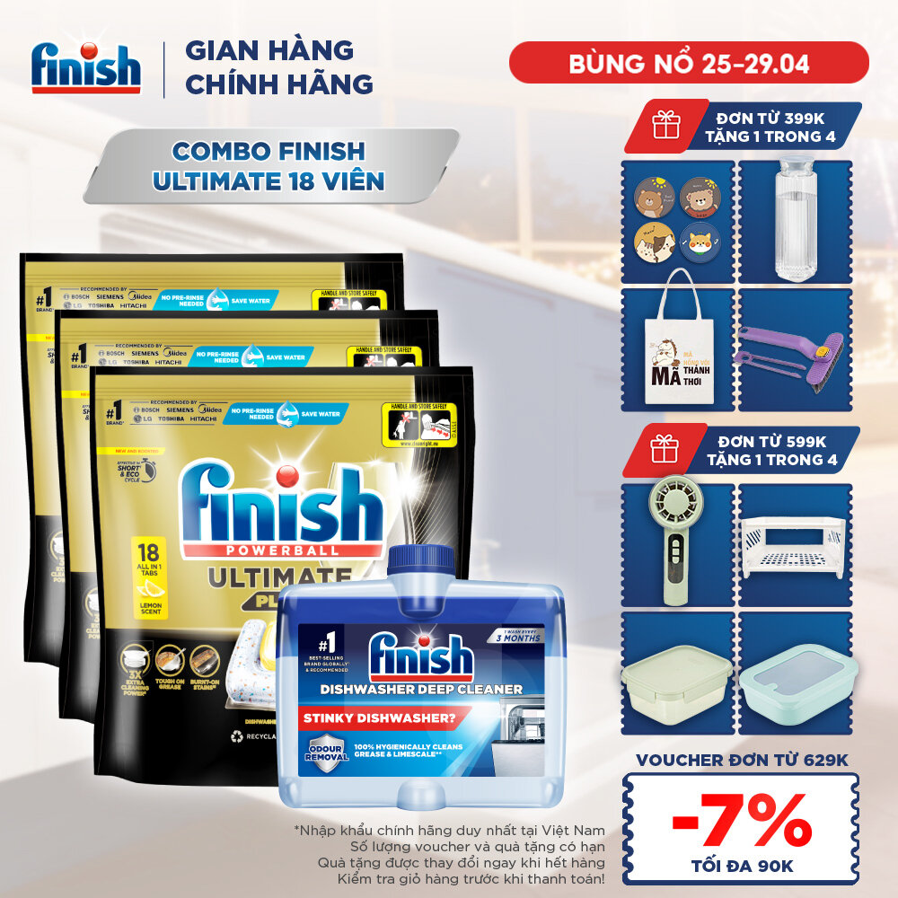 Combo 3 Túi Rửa Chén Bát Finish Powerball Ultimate Plus Intensive Lemon Sparkle 18 Viên + Dung Dịch Vệ Sinh Máy Finish 250ml
