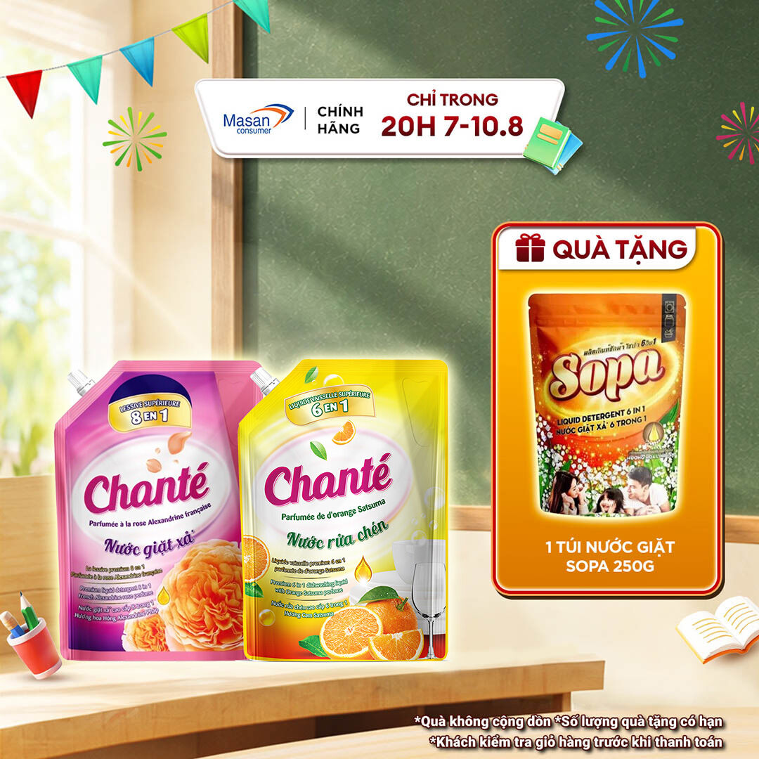 Combo 1 Túi Nước giặt xả Chanté Cao Cấp 8 Trong 1 3.05kg và 1 Túi Nước rửa chén Chanté 3.2kg
