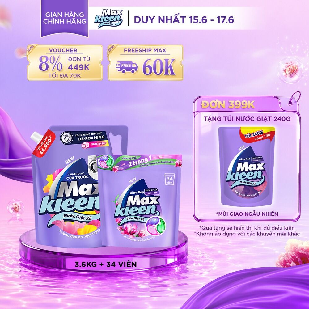 Combo Nước giặt xả cho máy giặt cửa trước hương Dấu Ấn Ngọt Ngào 3.6kg + Túi viên MaxKleen hương Huyền Diệu (34 viên/ túi)
