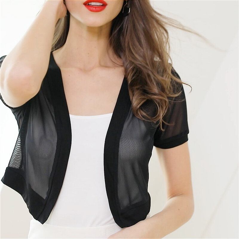 Áo Choàng Mùa Hè Phối Với Váy Áo Choàng Mỏng Lưới Không Tay Áo Khoác Ngắn Áo Chống Nắng Mẫu Mới Áo Cardigan Phối Bên Ngoài Cho Nữ Cộc Tay Ren