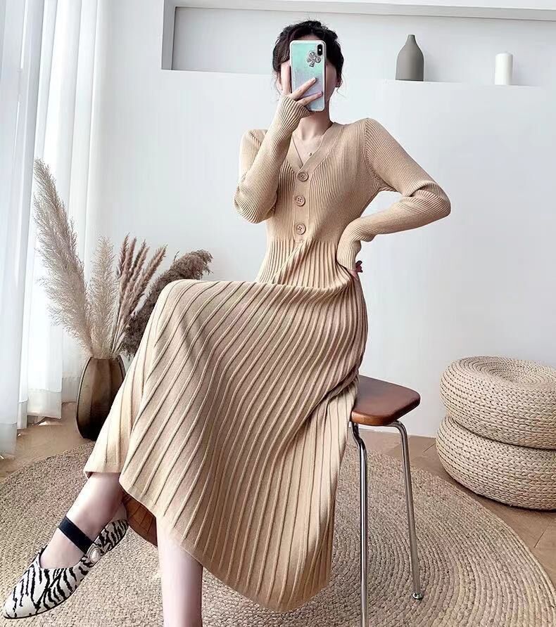 Váy len dáng dài cổ chữ V eo thon cao cấp