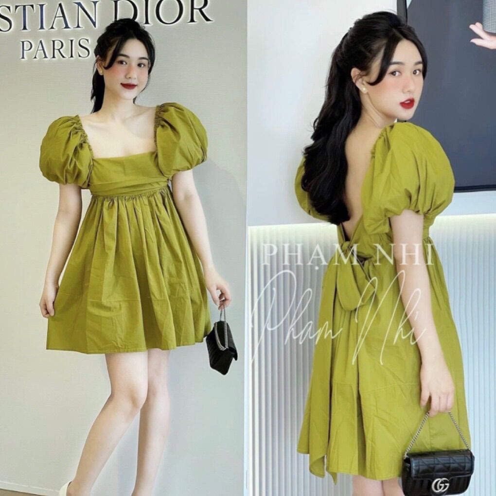 Đầm xoè Babydoll màu xanh bơ cổ vuông tay phồng cột nơ sau siêu xinh. Váy xoè chất thô mịn, bầu bì cũng mặc được [Tặng quà 0đ]