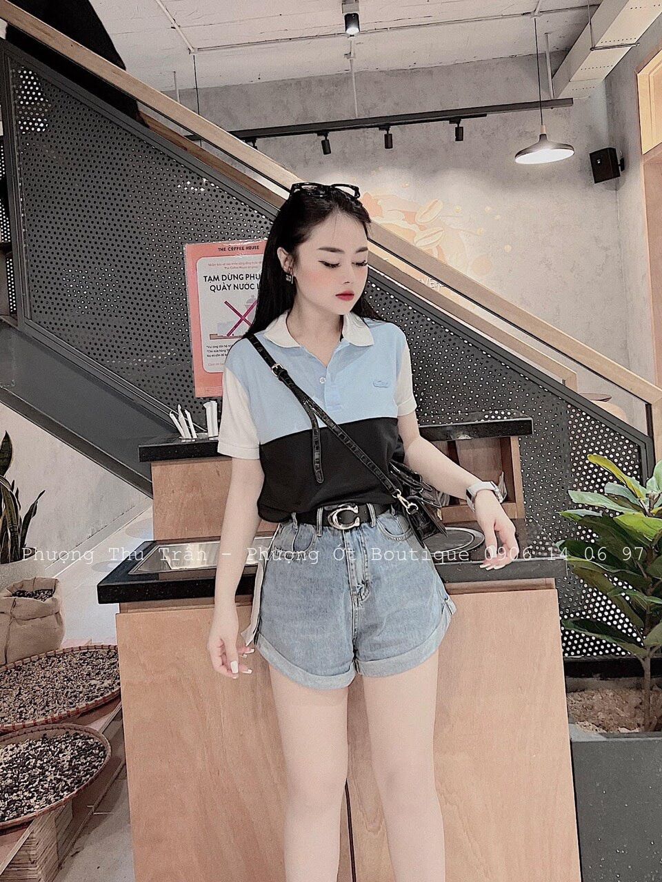 thun polo cá sấu cổ bẻ phối màu xanh cam đen