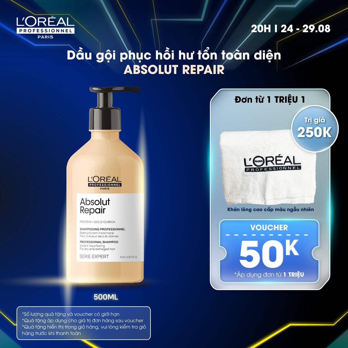 Dầu gội dưỡng tóc mềm mượt & phục hồi hư tổn toàn diện L'Oréal Professionnel Serie Expert Absolut Repair Gold 500ml - Dành cho tóc khô xơ, hư tổn