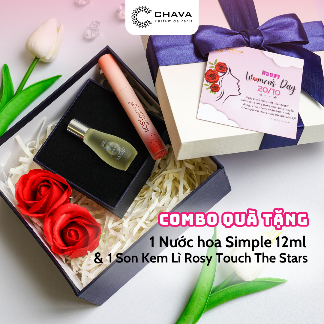 Combo Hộp quà tặng - hộp 1 nước hoa SIMPLE 12ML ,1 SON KEM LÌ ROSY STAR  - CHAVA