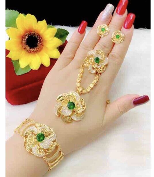 Set bộ trang sức kiểu hoa mạ vàng 18k đính đá xanh cực đẹp