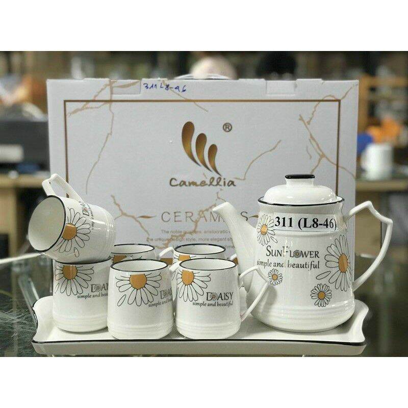 Bộ Ấm Trà Sứ Cao Cấp Kiểu Hàn Quốc Kèm Khay