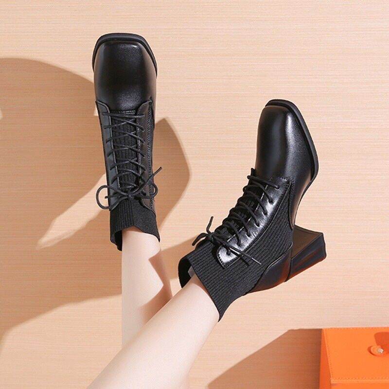[Hàng QC] Giày Bốt Nữ Da Phối Len Đế Cao 7cm Sang Chảnh Gót Vuông