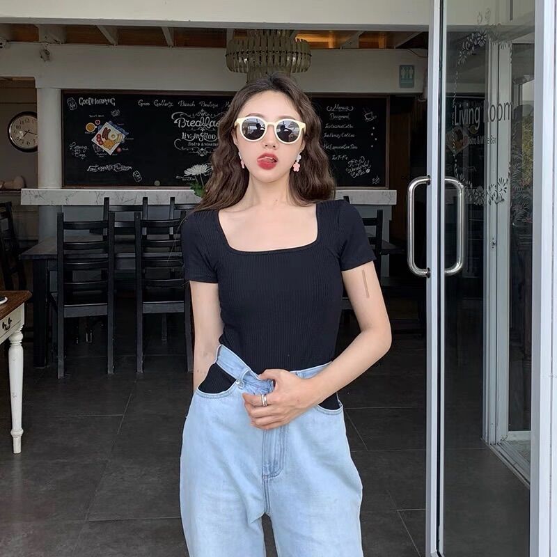 Áo thun cotton cổ vuông có lót ngực [ảnh thật]