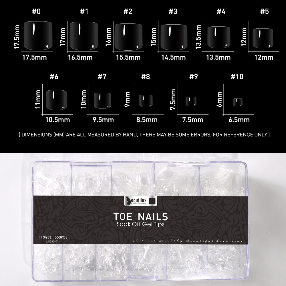 Beautilux móng chân 550 cái/hộp giả giả ngâm tắt gel đầu móng tay ấn vào móng tay viên 11 kích thước cho diy chân làm móng