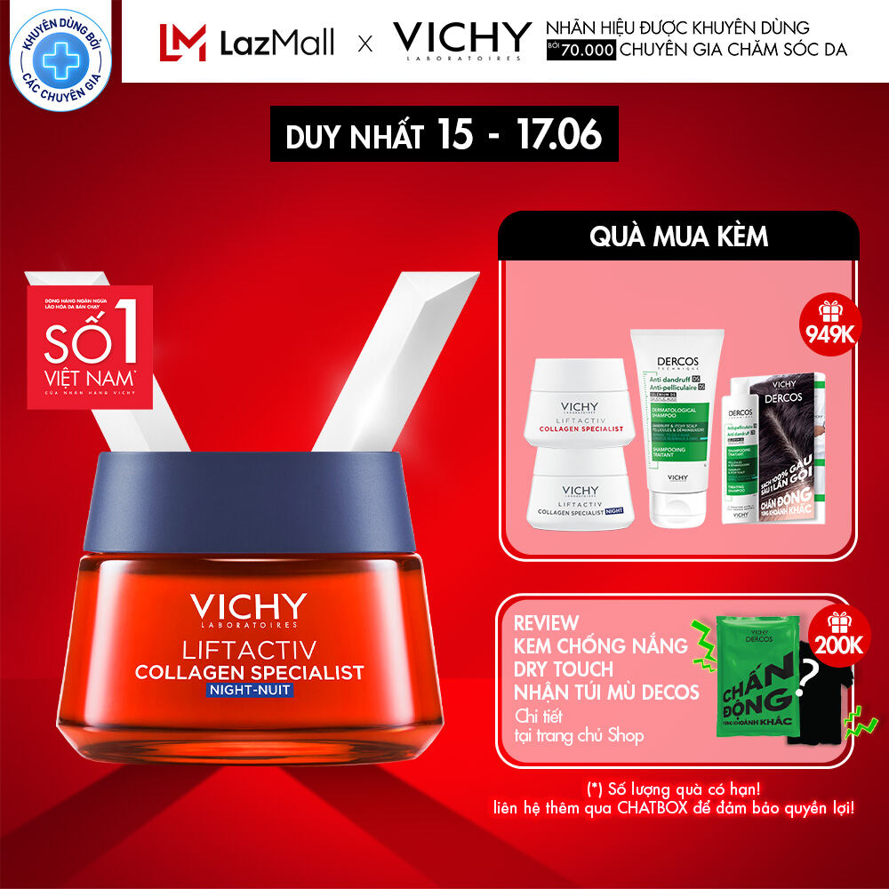 Kem dưỡng giúp sáng da, mờ thâm nám ban đêm Vichy Liftactiv Collagen Specialist night 50ml. 