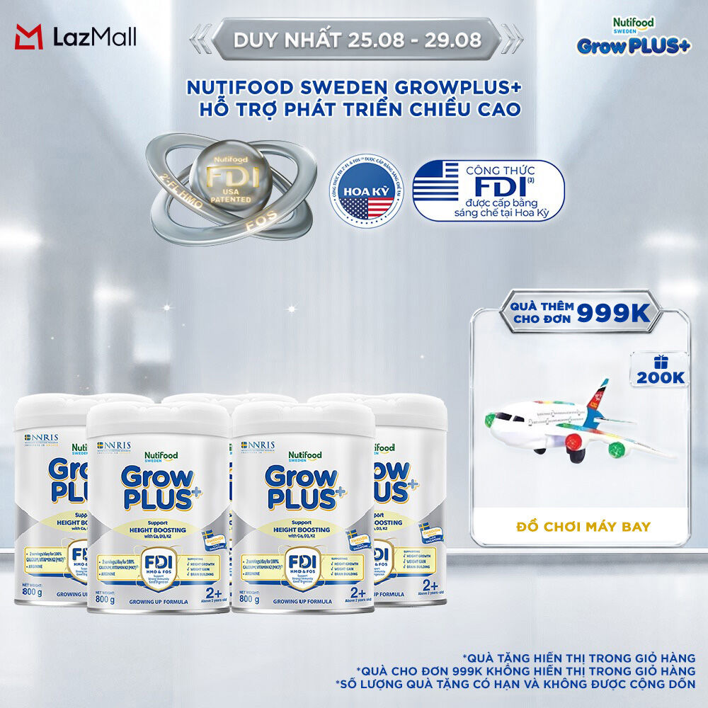 Combo 5 Sữa Bột Nutifood Sweden GrowPLUS+ Cao lớn vượt trội - Hỗ trợ phát triển chiều cao trên 2 tuổi (Bạc) 800g