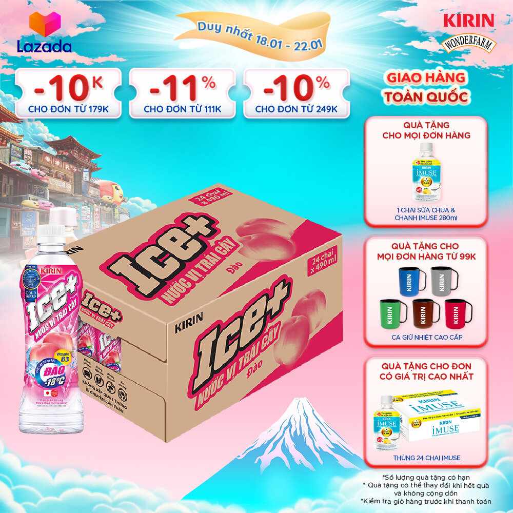   Duy nhất 25.02 - 28.02    Giao hàng toàn quốc  1 Thùng - Nước Vị Trái Cây KIRIN Ice+ - Đào 490ml 