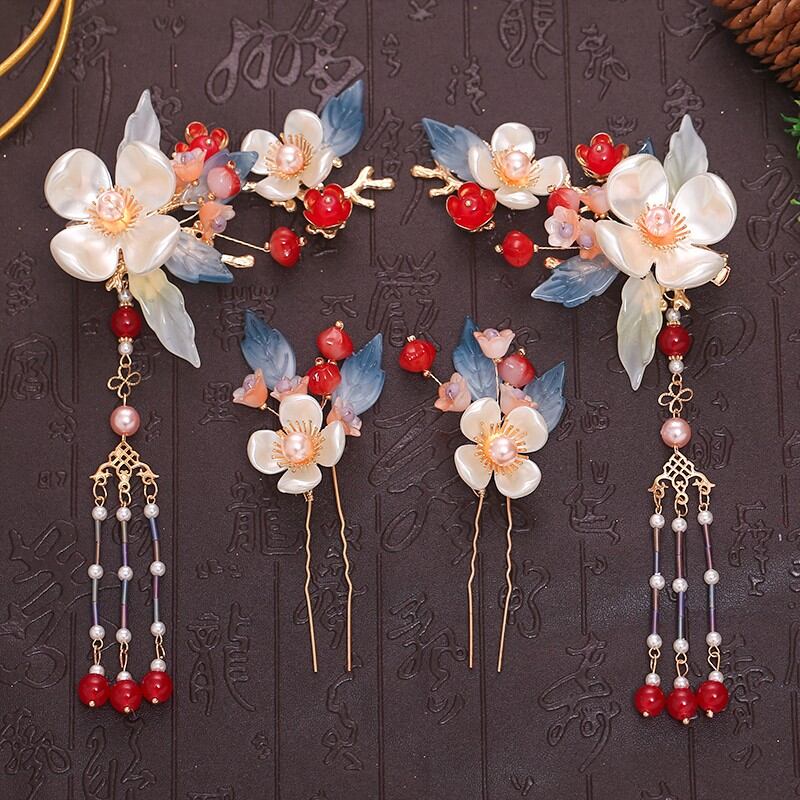 Phụ kiện tóc hán phục phong cách cổ xưa trâm cài tóc phụ kiện cổ trang phụ kiện tóc lụa phụ kiện tóc bộ lược cài tóc tua rua thiếu nữ