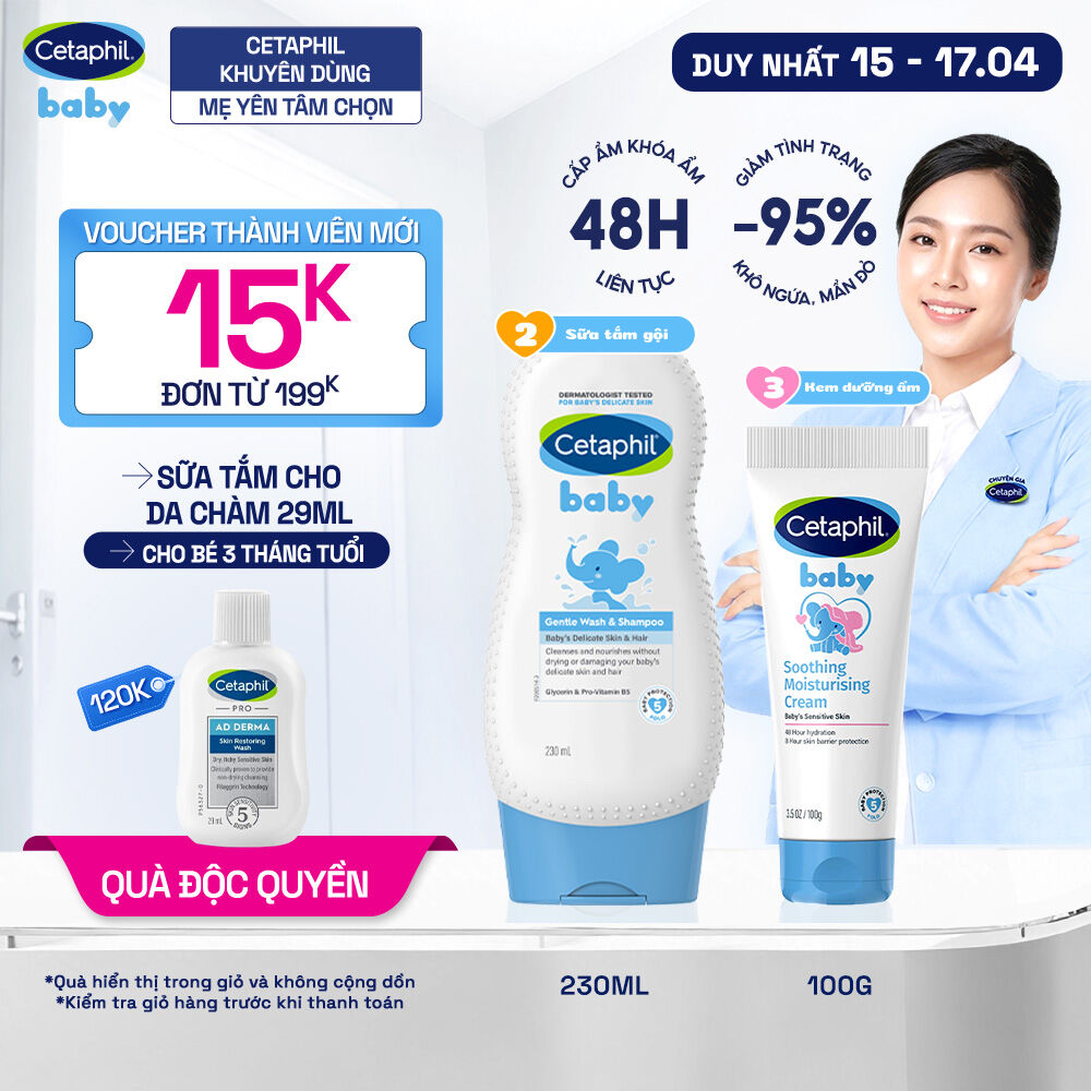 Combo 2 bước Sữa tắm gội dịu lành 230ml + Kem dưỡng ẩm làm dịu đa năng Cetaphil Baby 100Gr