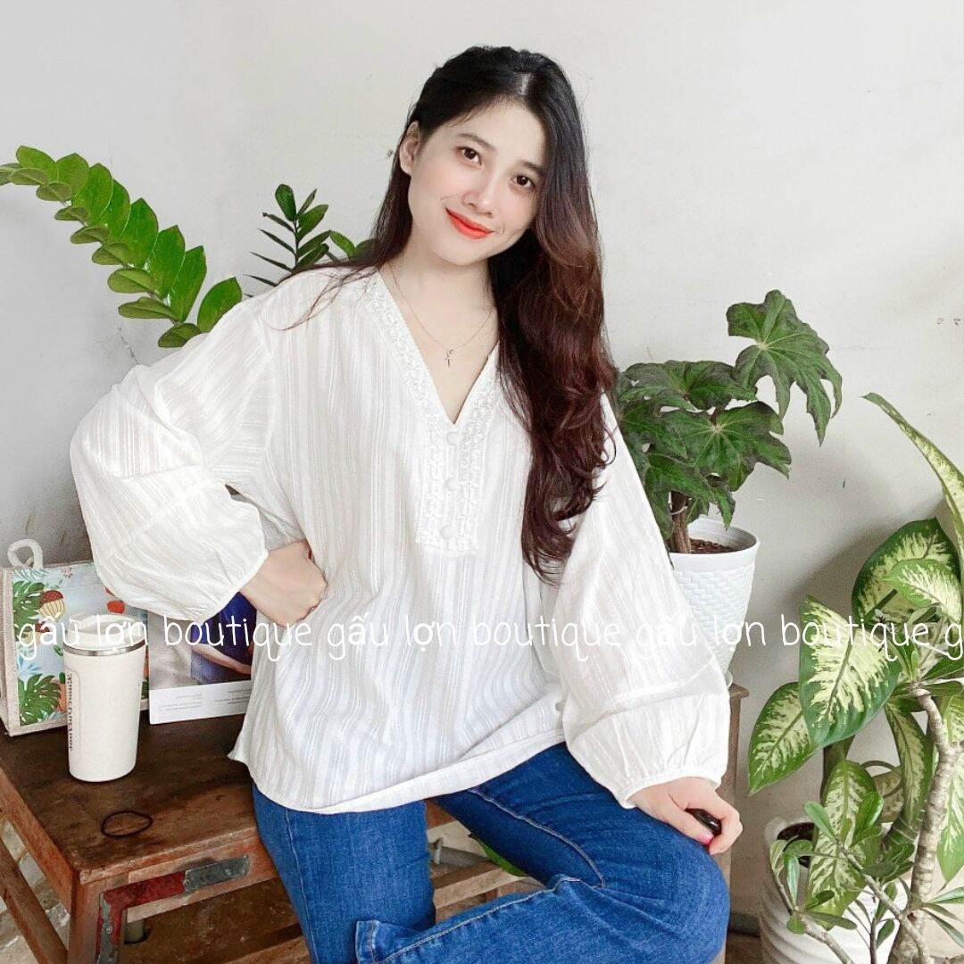 áo sơ mi kiểu cổ v cúc bọc vintage ảnh thật