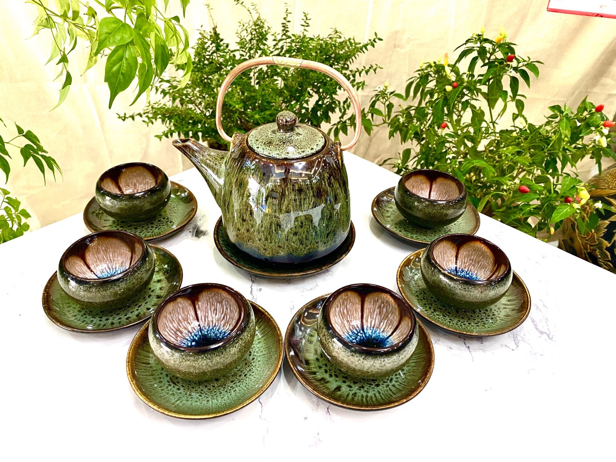 Bộ ấm chén men gấm- hỏa biến, hàng nghệ nhân. Gốm sứ Bát Tràng cao cấp.