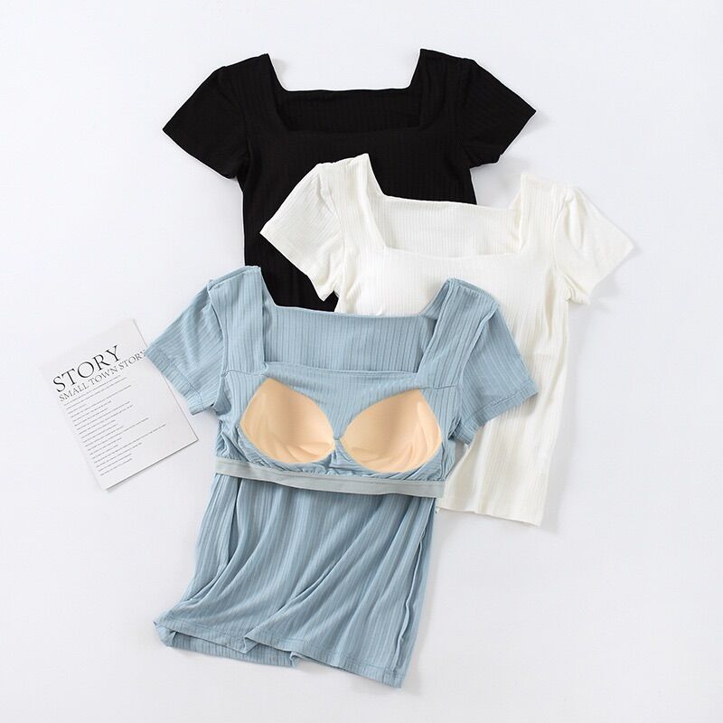Áo thun cotton cổ vuông có lót ngực [ảnh thật]